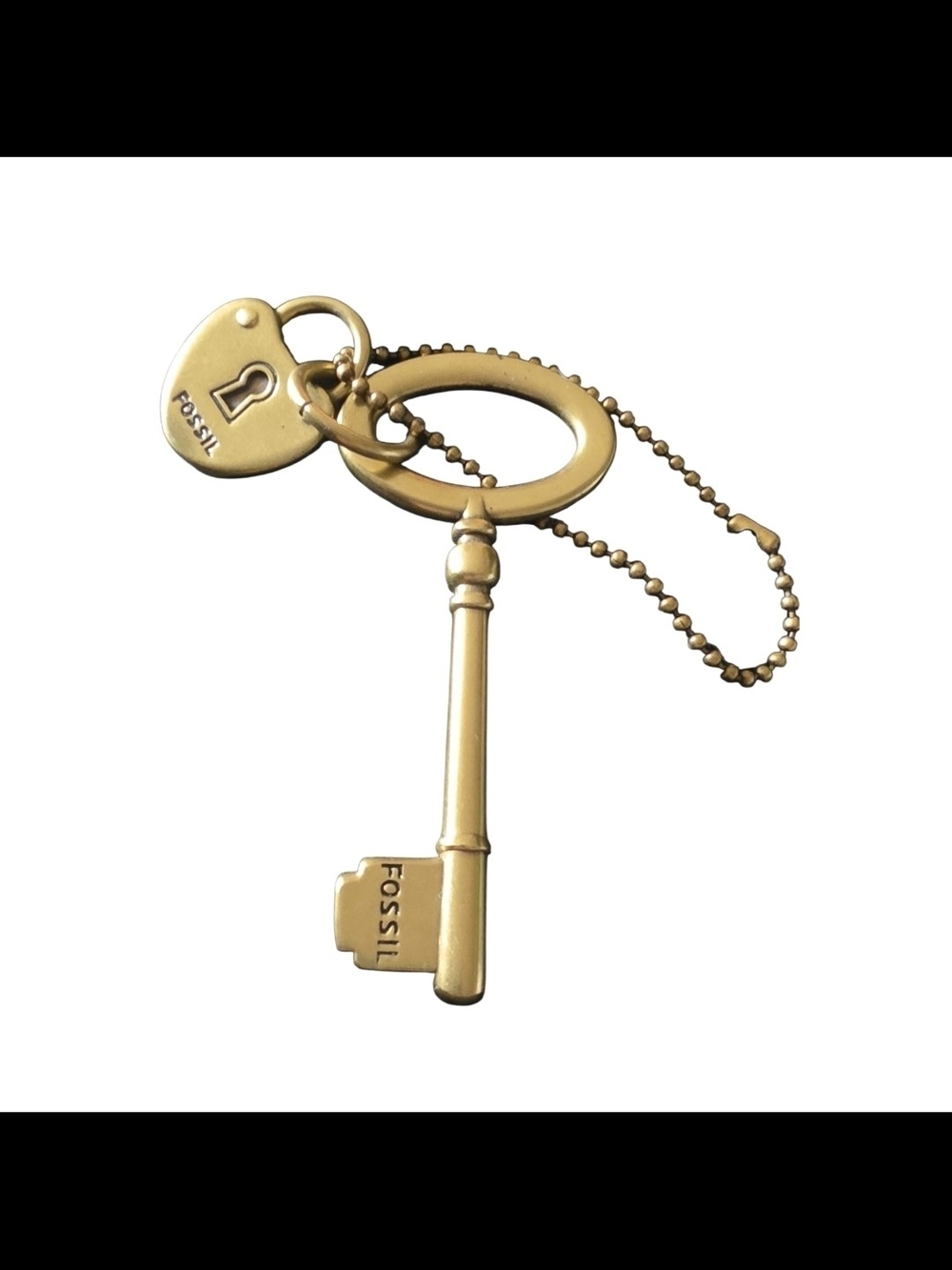 Fossil Gold Lock Key/Purse Charm  with Heart Tag